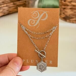 New Plunder "Alissa" Silver Hexagon D Pendant Necklace (19.5")(24/7 Wearability)